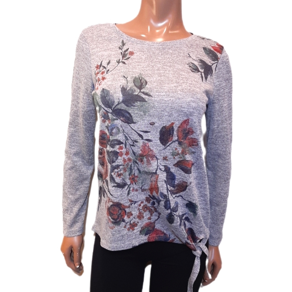 CLEO Floral Knit Top Long Sleeve Tie Hem Stretchy Lightweight Sweater